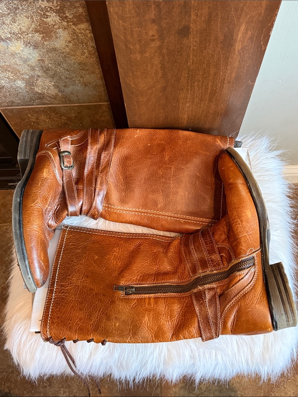 BED STU Distressed Cognac Leather Harness Riding Boots Lace Up 9 western boho